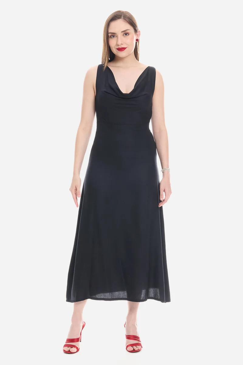 Virgio Solid Viscose Cowl Neck Maxi Dress for Women