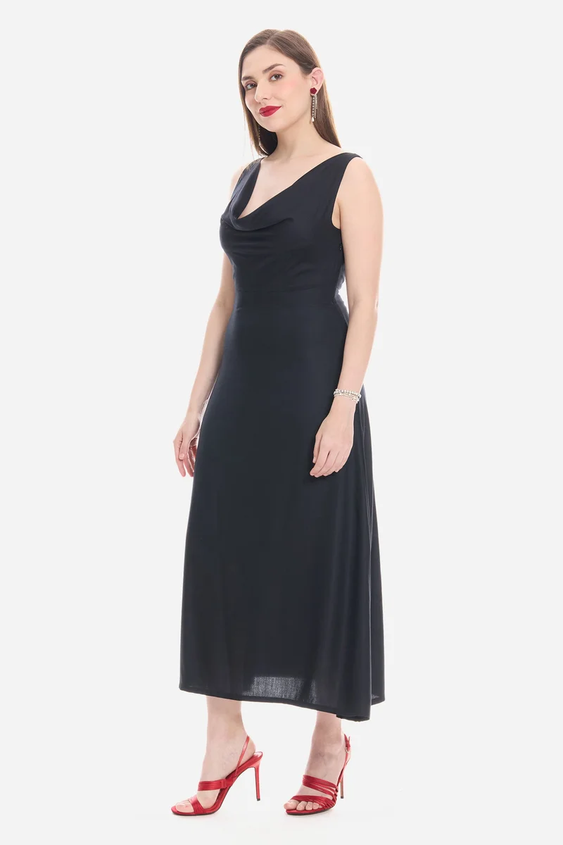 Virgio Black Solid Viscose Cowl Neck Maxi Dress for Women for Women | Best Price UAE
