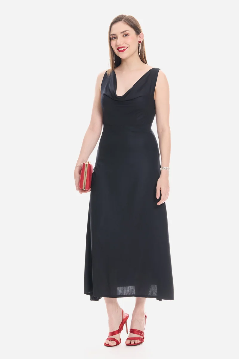 Virgio Solid Viscose Cowl Neck Maxi Dress for Women