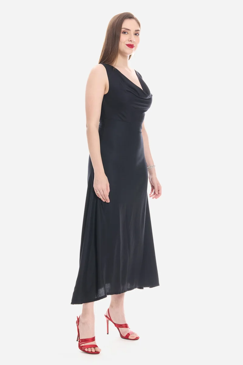 Virgio Black Solid Viscose Cowl Neck Maxi Dress for Women for Women | Best Price UAE