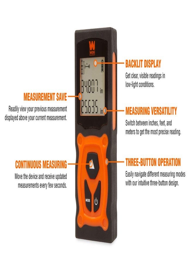 WEN 10130 Multi-Unit Compact Digital 130-Foot Laser Distance Measure with Backlit LED Screen - Image 2