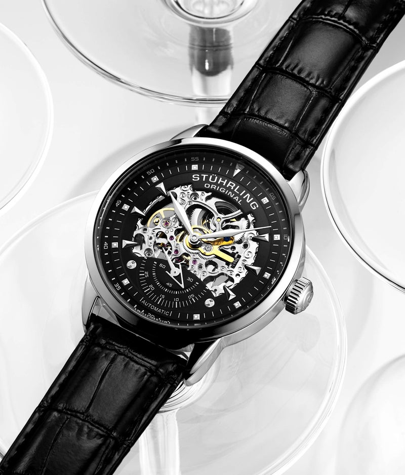Stuhrling Original Mens Automatic Watch Skeleton Dial - Black Leather Strap Mechanical Movement Silver Executive - Image 2