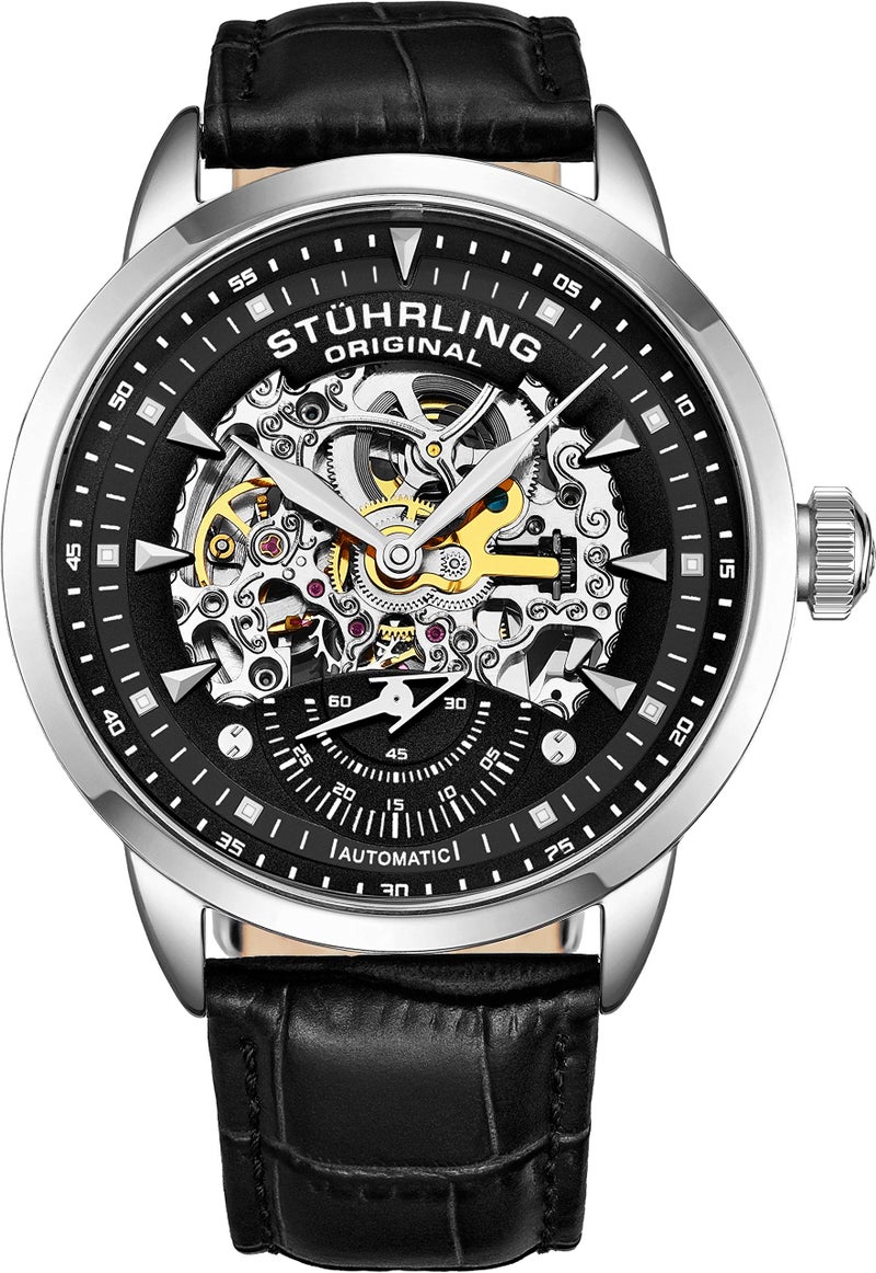 Stuhrling Original Mens Automatic Watch Skeleton Dial - Black Leather Strap Mechanical Movement Silver Executive - Image 1