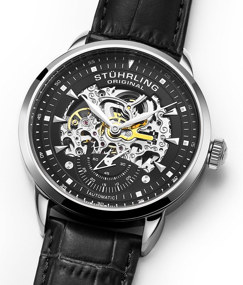 Stuhrling Original Mens Automatic Watch Skeleton Dial - Black Leather Strap Mechanical Movement Silver Executive - Image 5