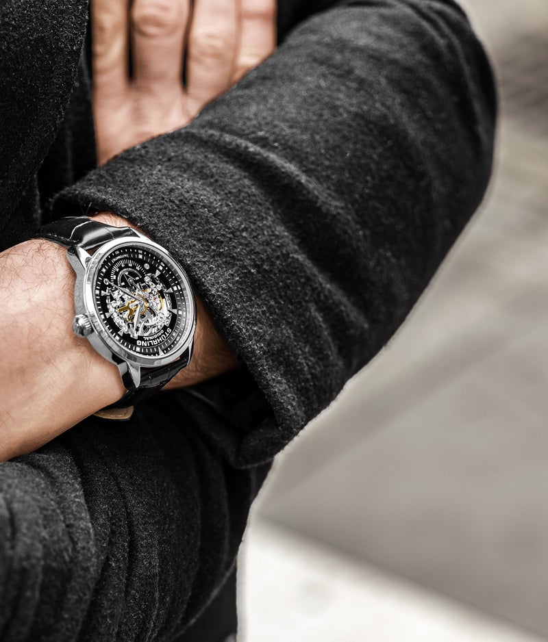 Stuhrling Original Mens Automatic Watch Skeleton Dial - Black Leather Strap Mechanical Movement Silver Executive - Image 3