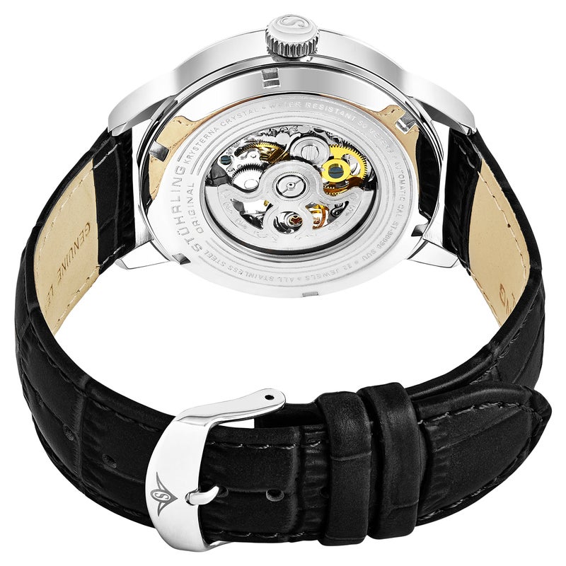 Stuhrling Original Mens Automatic Watch Skeleton Dial - Black Leather Strap Mechanical Movement Silver Executive - Image 4