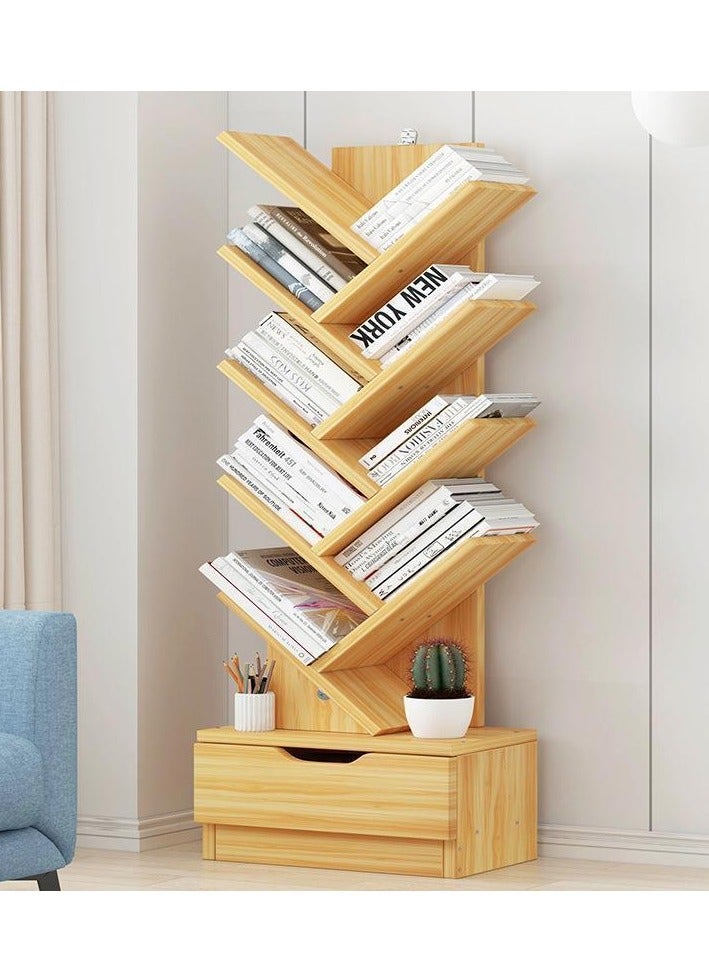 general 9-layer Tree Bookshelf, 8-layer Wooden Bookshelf With Drawers Modern Book Storage Freestanding Tree Bookshelf, High Narrow Angle Bookshelf, Suitable For Home Office, Living Room, Bedroom - Image 1