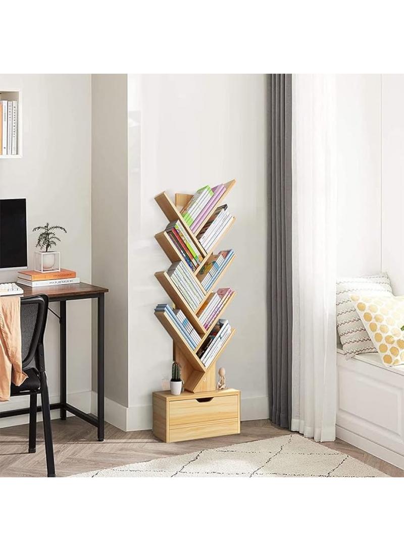 general 9-layer Tree Bookshelf, 8-layer Wooden Bookshelf With Drawers Modern Book Storage Freestanding Tree Bookshelf, High Narrow Angle Bookshelf, Suitable For Home Office, Living Room, Bedroom - Image 4