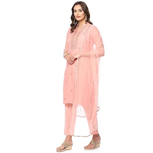 Biba Poly Crepe Women's Embroidery Narrow Salwar Kurta Dupatta(Skdassorted8491_Blush Pink_34) - Image 2