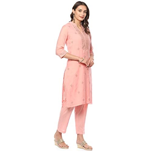 Biba Poly Crepe Women's Embroidery Narrow Salwar Kurta Dupatta(Skdassorted8491_Blush Pink_34) - Image 3