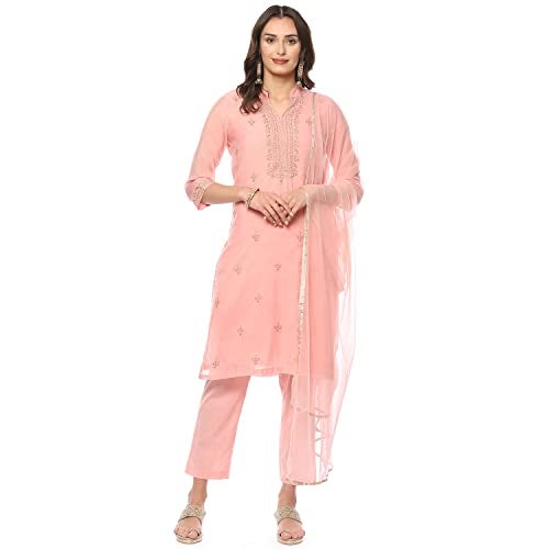 Biba Poly Crepe Women's Embroidery Narrow Salwar Kurta Dupatta(Skdassorted8491_Blush Pink_34) - Image 1