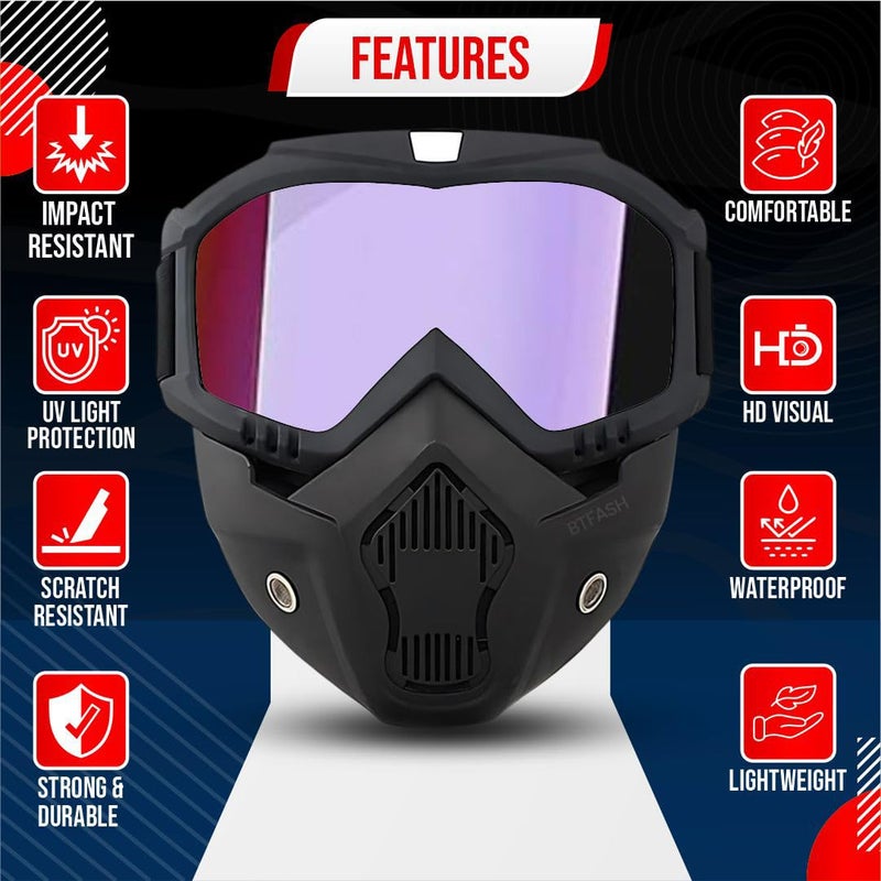 BTfash Goggle Mask Anti Scratch UV Protective Open Face & Eyewear Windproof Dirt Shield Adjustable Strap Soft Foam Padded Detachable for Cycling Bike Off Road Racing Riding Unisex (Rainbow) - Image 2