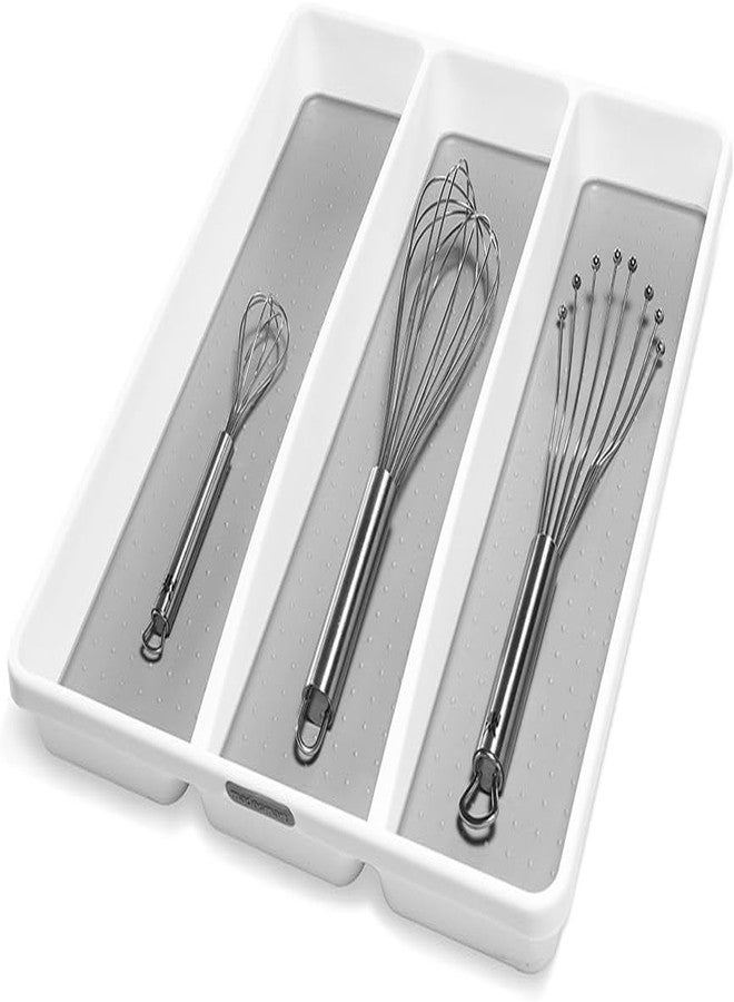 VBM 3 Compartment Utensil Tray with Non-Slip Lining, Deep Kitchen Drawer Organizer for Ladles, Whisks & Tools, BPA-Free Plastic Cutlery Holder with Soft Grip Base, White/Grey - Image 2