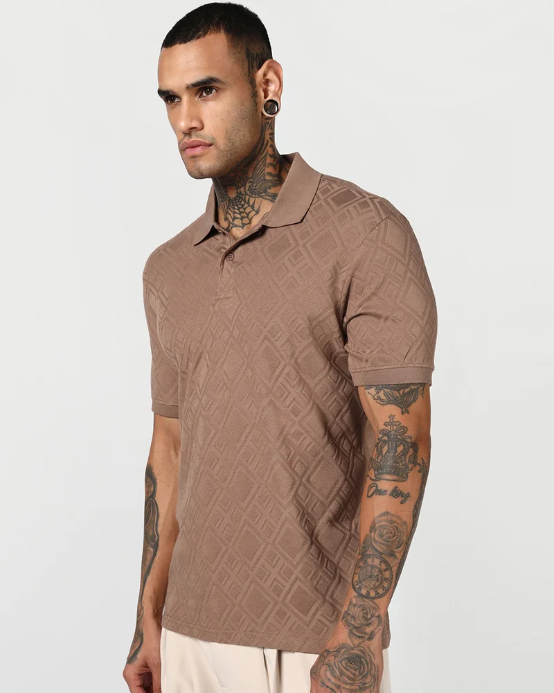 bewakoof Men's Raw Umber Brown Textured Polo T-shirt