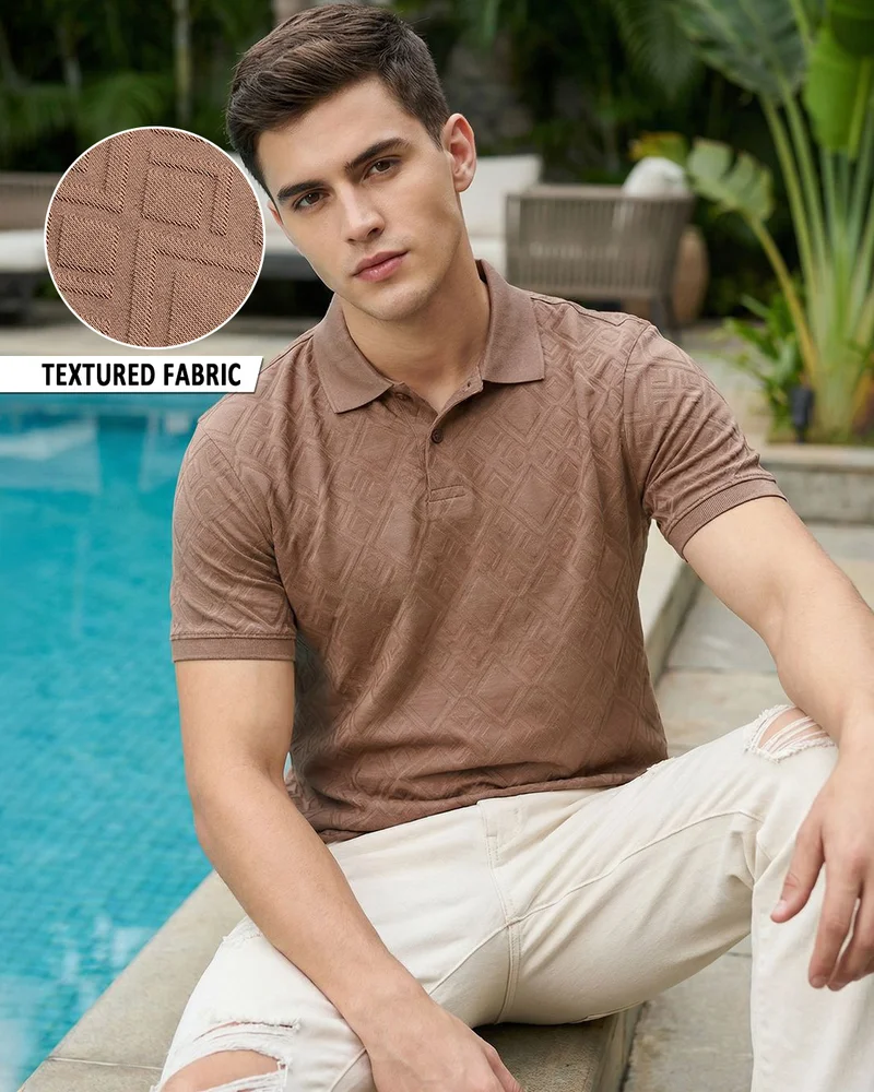 bewakoof Men's Raw Umber Brown Textured Polo T-shirt