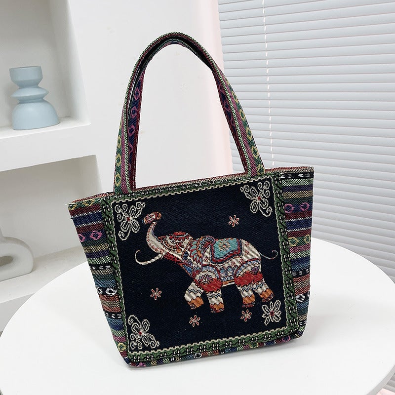 Factory Embroidered Canvas Handbag Female Ethnic Hand Bag Casual Mommy Hand Lunch Box Bag Small Cloth Bag - Image 1