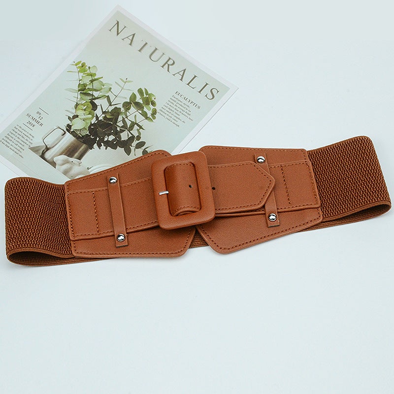 Ladies Elastic Waist Belt Buckle Dress Coat Accessory Brown - Image 1