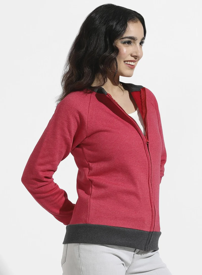 Campus Sutra Zip-Front Sweatshirt With Contrast Hem