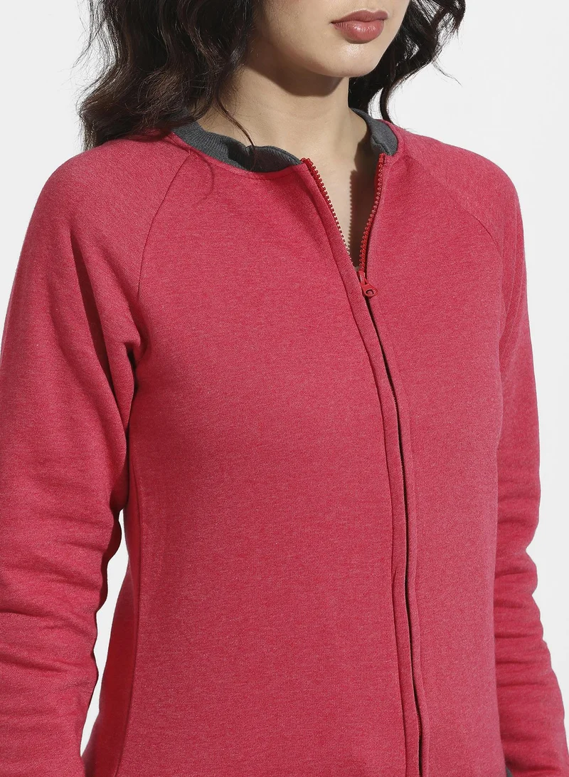 Campus Sutra Zip-Front Sweatshirt With Contrast Hem