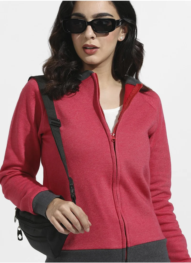 Campus Sutra Zip-Front Sweatshirt With Contrast Hem