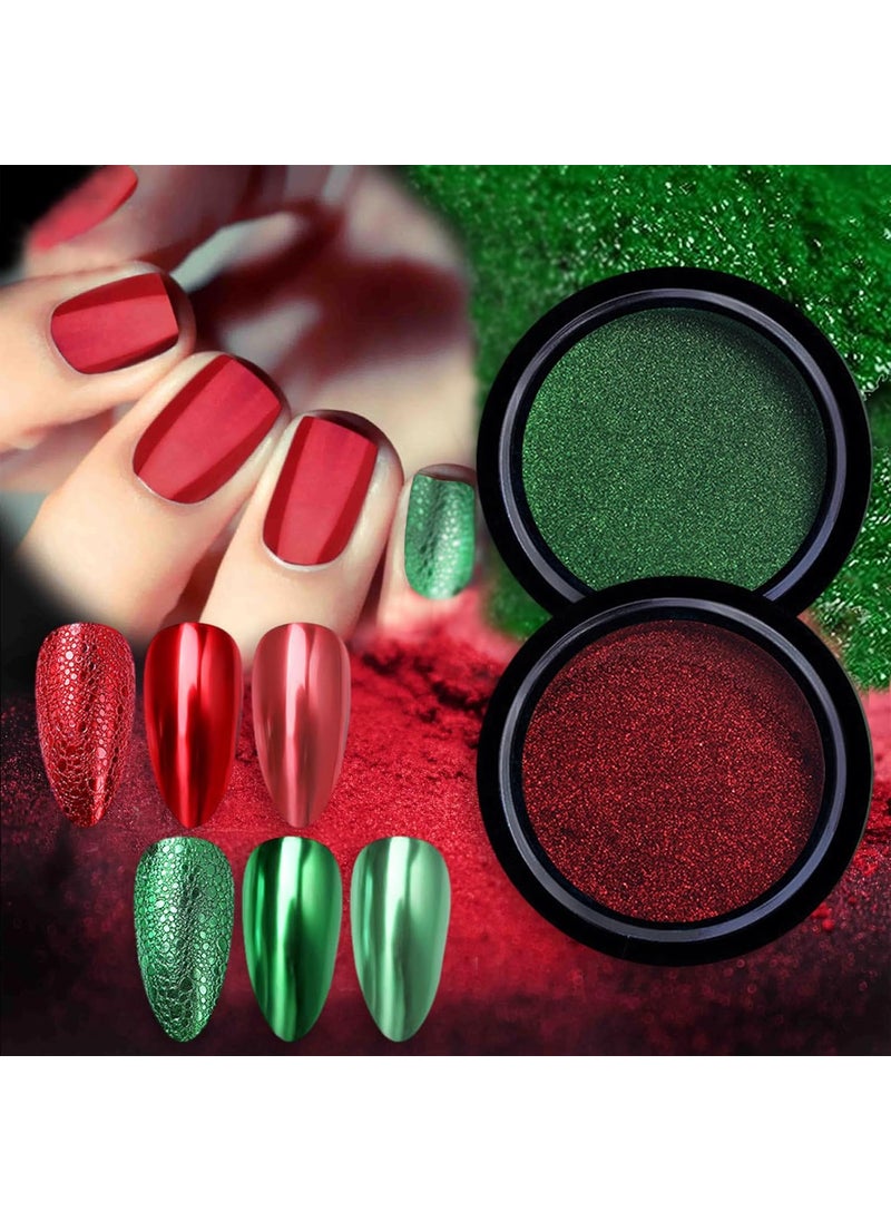 BASEMMAHER 2 Colors Red Green Chrome Nail Powder Metallic Mirror Effect for Nails Art Design Holographic Glitter Pigment Dust for DIY Manicure Decorations 