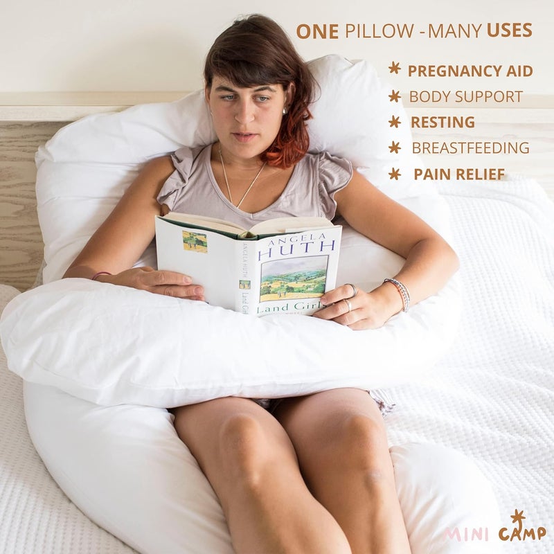 MINICAMP وسادة جسم على شكل U من MINICAMP  وسادة مريحة للحوامل مع غطاء قطن عضوي معتمد من GOTS  وسادة عناق للبالغين  ضرورة للحمل لنوم مريح وتخفيف الآلام - Image 3