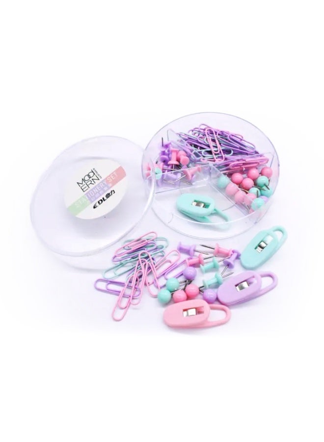 Colorful Stationery Set – 4 Pieces Paper Clips + Push Pins + Round Pins + Metal Clips with Storage Box - Image 1