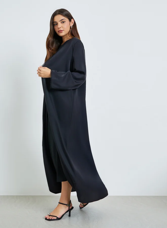أميرة Black Front Open Abaya with Lace Trim