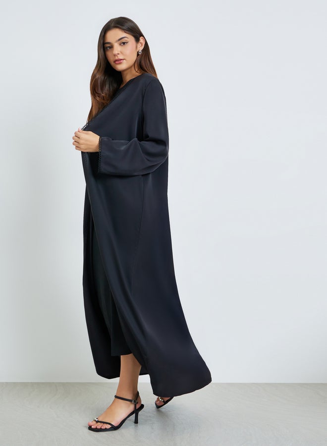 Amirah Black Front Open Abaya with Lace Trim - Image 1