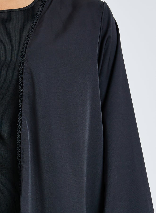 Amirah Black Front Open Abaya with Lace Trim - Image 4
