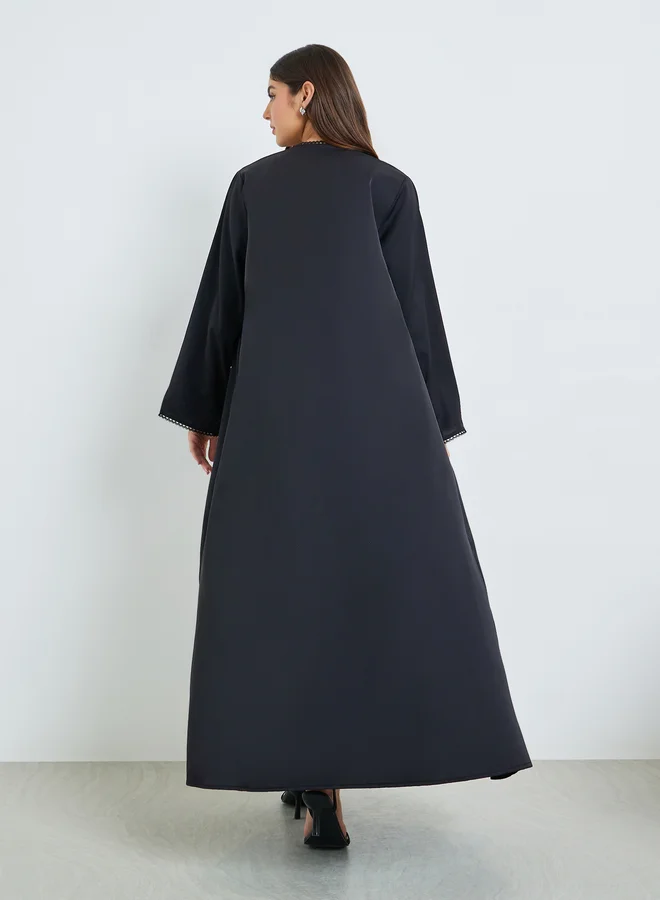 Amirah  Black Front Open Abaya with Lace Trim for Women | Best Price UAE