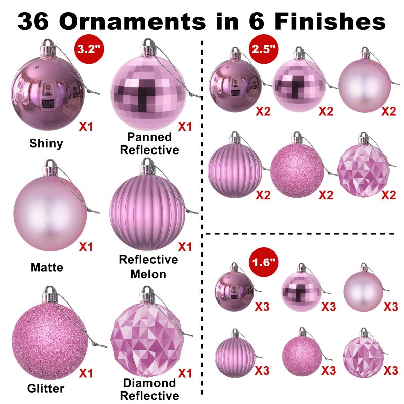 جايم إكسل زخارف عيد الميلاد الوردي - زخارف شجرة عيد الميلاد كرات زخارف شاترة معلقة كرات لامعة لعيد الميلاد إكليل إكليل إكليل مجموعة ديكور العطلات من 36pcs متعددة (1.6 "" 2.5 "" 3.2 "" ") - Image 2