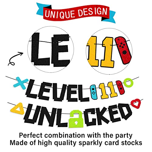 Festiko® Level 11th Unlocked Sign Banner Happy 11th Birthday Level Up Eleventh Bday Party Decorations for Video Game Controller Themed Kids Boy Girl Birthday Event Celebration Supplies - Image 2