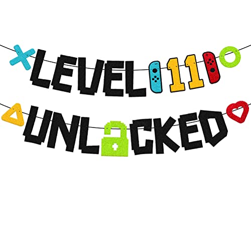 Festiko® Level 11th Unlocked Sign Banner Happy 11th Birthday Level Up Eleventh Bday Party Decorations for Video Game Controller Themed Kids Boy Girl Birthday Event Celebration Supplies - Image 1