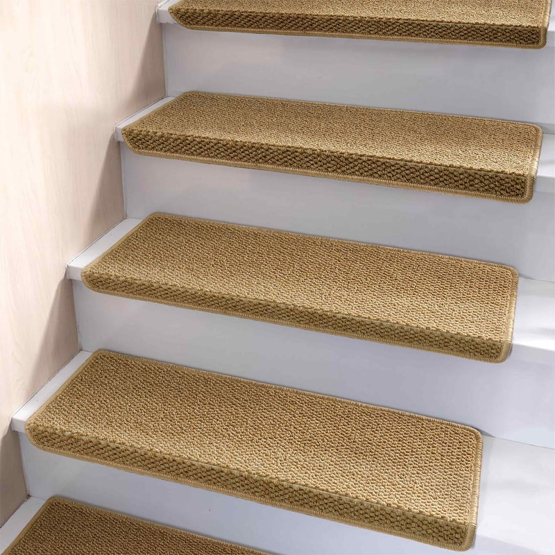 Brakki سجاد درجات السلم برّكي بُلنو، درجات سلم غير قابلة للانزلاق للخطوات الخشبية الداخلية، سجاد درجات السلم، سجاد ناعم للدرجات، واقيات حواف الدرج، قابلة للغسل، 29.5"x9.5"x1.5" 14 قطعة، بيج - Image 1