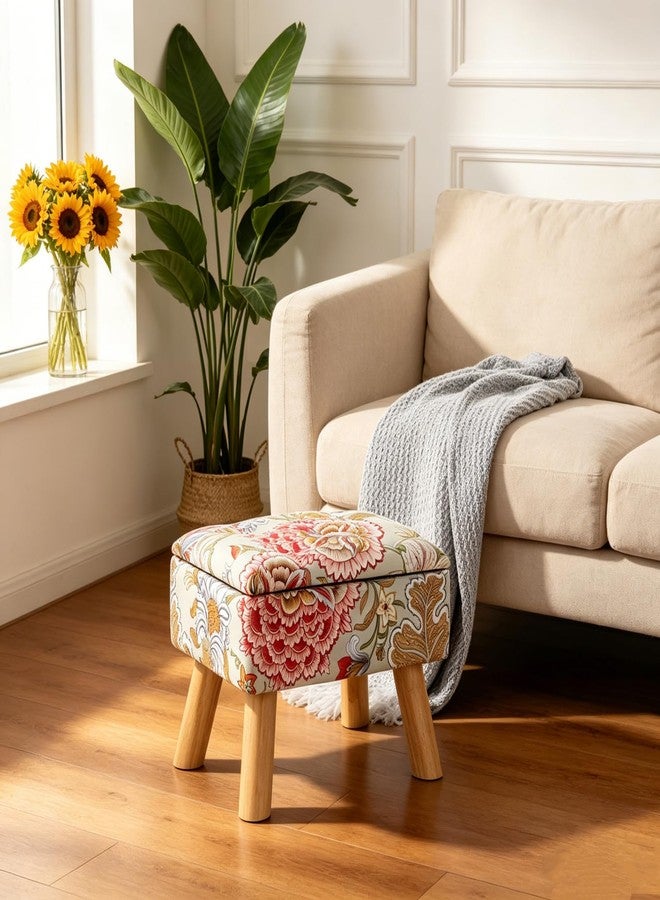 ETELI Small Foot Stool Ottoman with Storage Versatile Square Storage Ottoman Boho Foot Rest with Sturdy Wood Legs Floral Footstools and Ottomans for Living Room Bedroom and Enterway - Image 5