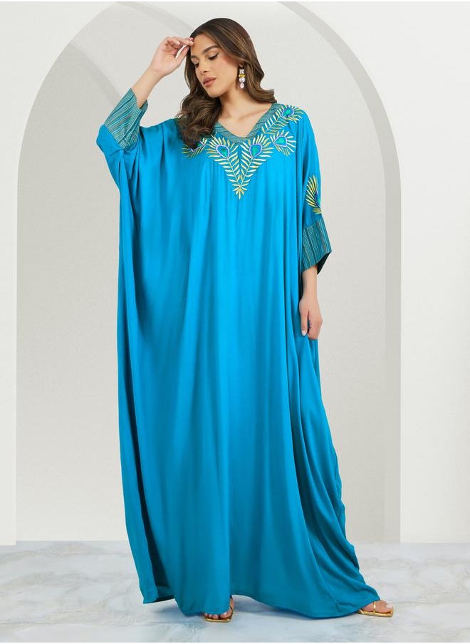Maxim Creation - Embroidered Batwing Sleeve Jalabiya with V Neck by Styli - Image 1