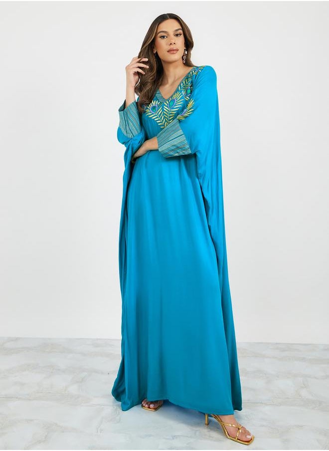 Maxim Creation - Embroidered Batwing Sleeve Jalabiya with V Neck by Styli - Image 1