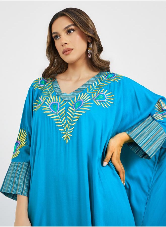 Maxim Creation - Embroidered Batwing Sleeve Jalabiya with V Neck by Styli - Image 1