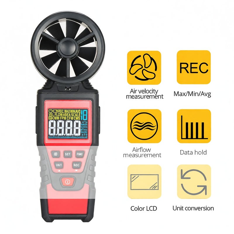 مقياس سرعة الهواء الرقمي المحمول SMART SENSOR ST6816 | مقياس سرعة الهواء ومتدفق الهواء مع شاشة LCD مصممة على الوراء | نطاق القياس 0.40 م/ث ~ 30.00 م/ث | تخزين القيمة القصوى/الأدنى/المتوسطة | حقيبة تخزين للتصوير (البطاريات غير مشمولة) - Image 5