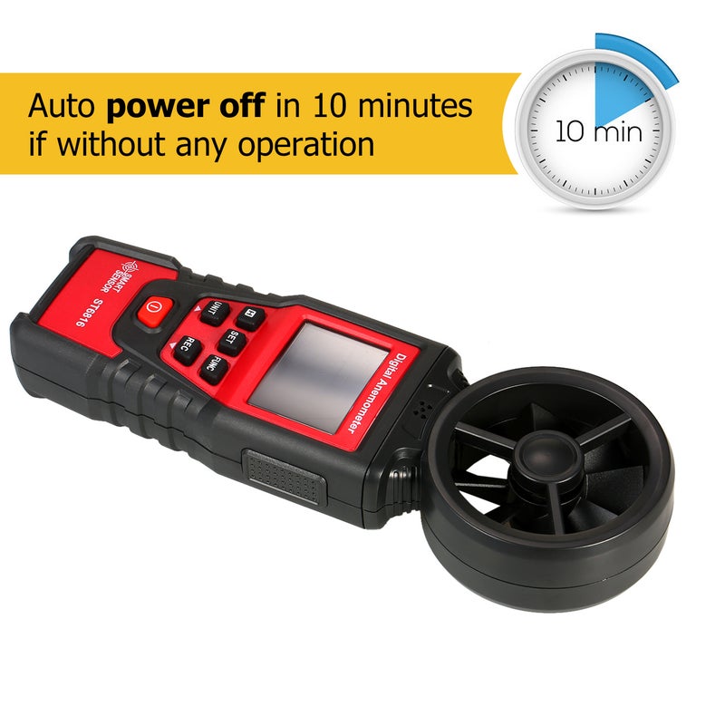 مقياس سرعة الهواء الرقمي المحمول SMART SENSOR ST6816 | مقياس سرعة الهواء ومتدفق الهواء مع شاشة LCD مصممة على الوراء | نطاق القياس 0.40 م/ث ~ 30.00 م/ث | تخزين القيمة القصوى/الأدنى/المتوسطة | حقيبة تخزين للتصوير (البطاريات غير مشمولة) - Image 3