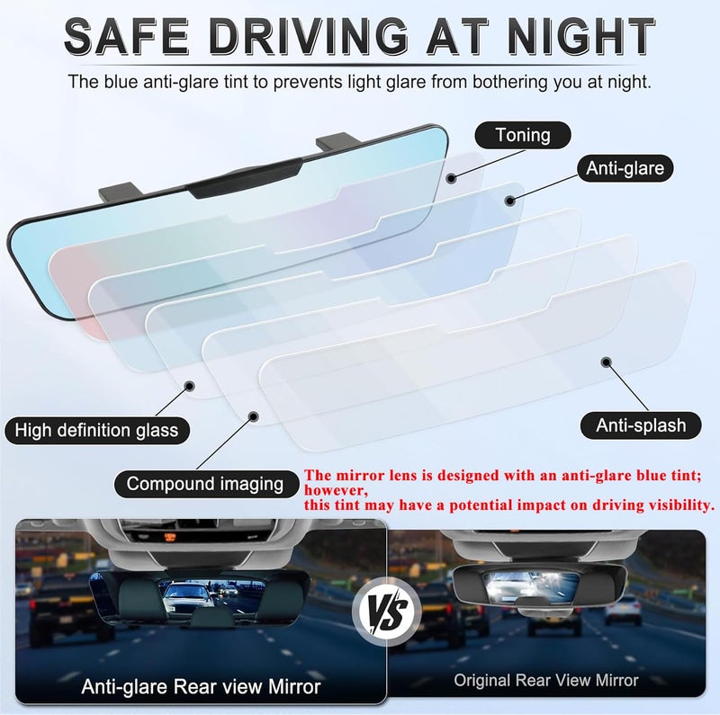 LivTee Anti Glare Rear View Mirror, Universal 12'' (305mm), Wide Angle Panoramic Convex Rearview Mirror, Clip-on to Original to Eliminate Blind Spot and Antiglare for Cars SUV Trucks - Image 2