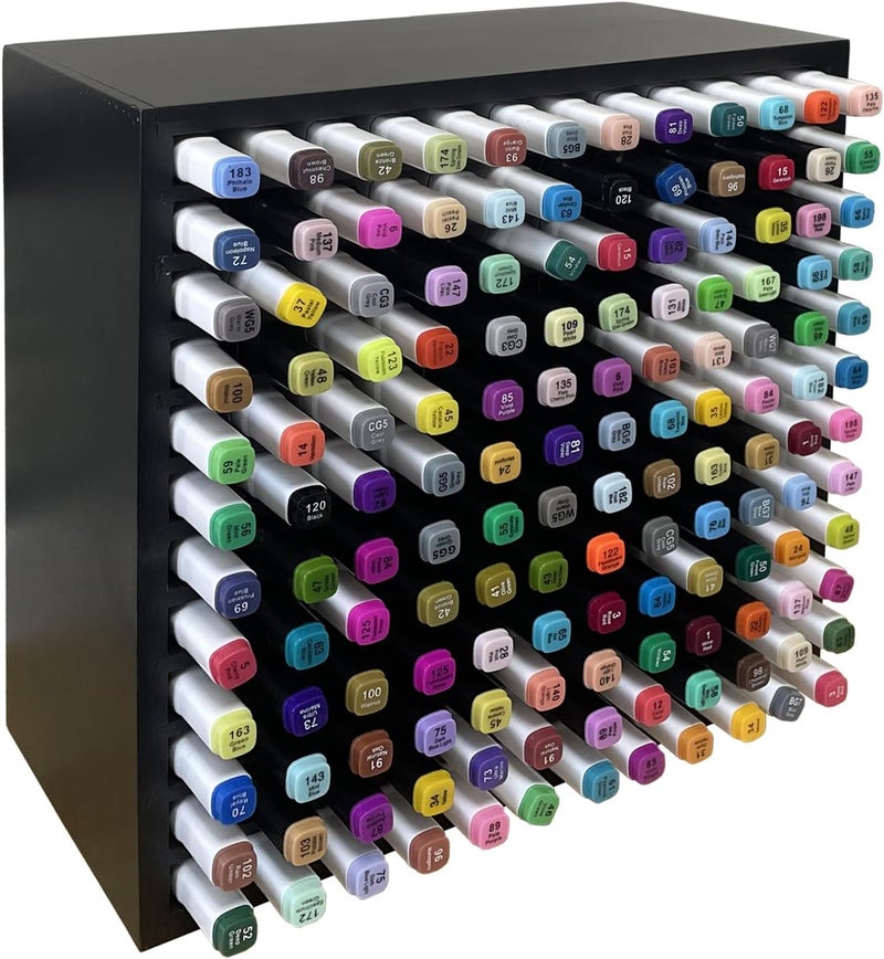 MinBoo Bamboo Marker Organizer Wooden Art Supply Storage Organizer Rack Art Markers Pens Colored Pencils Paint Brushes Stationary Organizer Holder (Black, Rack for 144 Markers) - Image 1