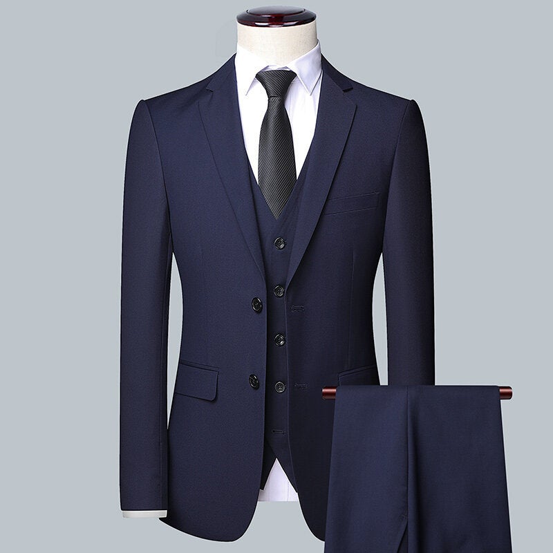 Men's Linen Suit Set Three-Piece Business Formal Wear Wedding Groom Best Man - Image 2