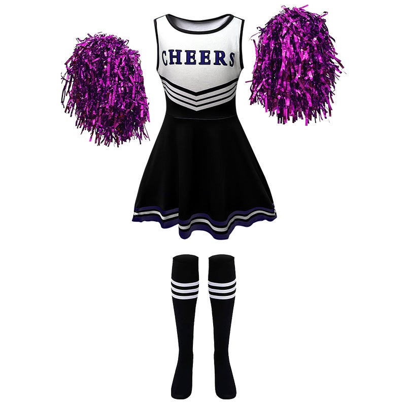 Foreign trade European and American childrens cheerleading uniform five-color CHEERS sleeveless football baby cheerleading pantyhose suit in stock Black (skirt + socks + cheerleading)