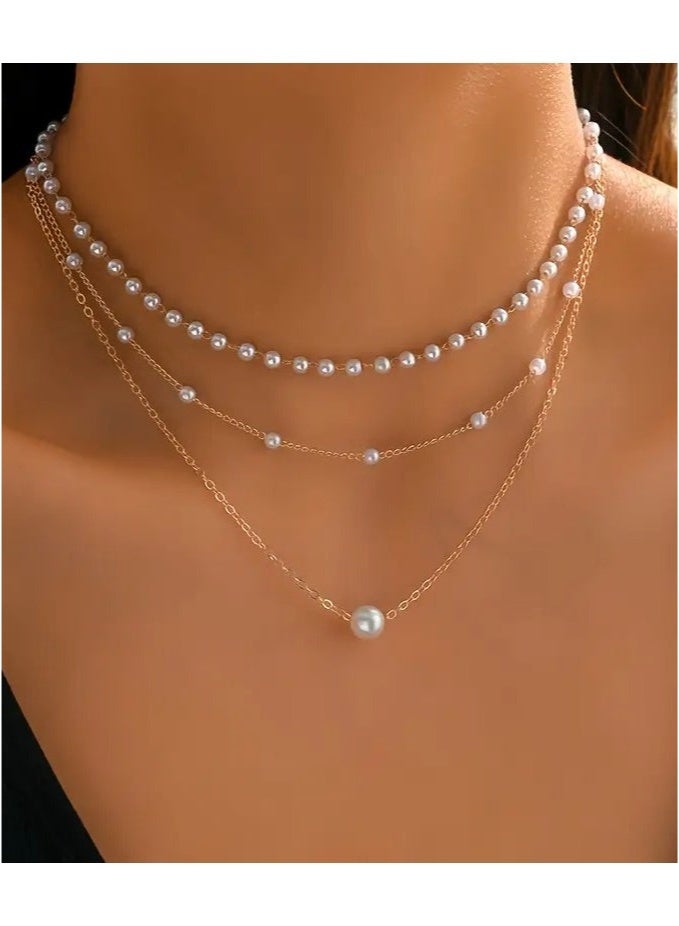 1pc 3-layer Pearl Chain Necklace New Women's High-end Versatile Neck Chain Clavicle Chain Pendant Chain Adult Daily Wear Ornament  - Image 1