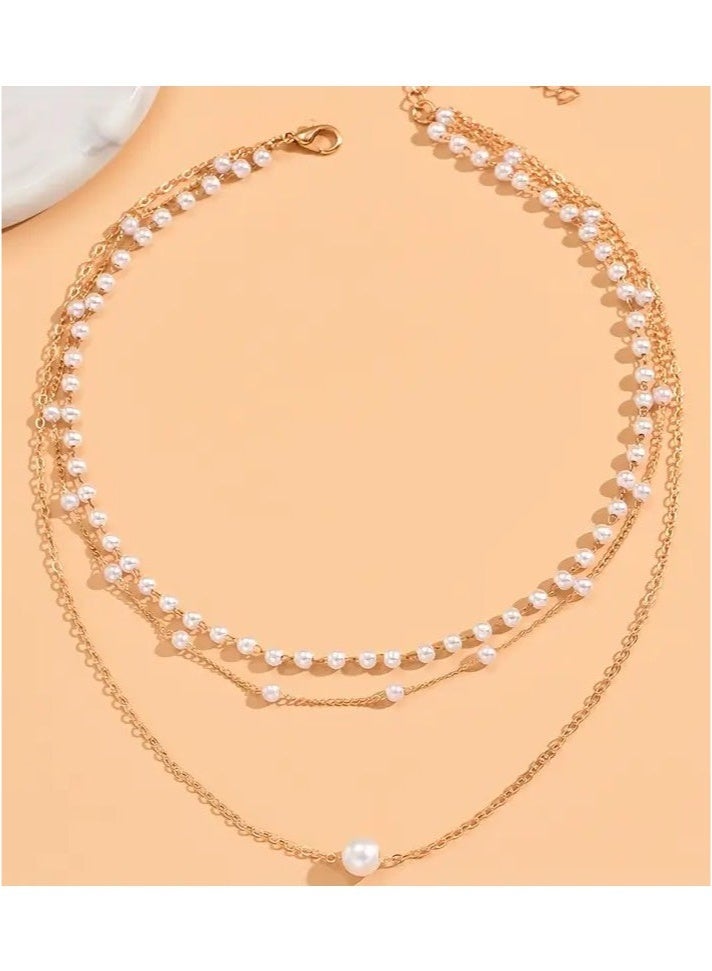 1pc 3-layer Pearl Chain Necklace New Women's High-end Versatile Neck Chain Clavicle Chain Pendant Chain Adult Daily Wear Ornament  - Image 3