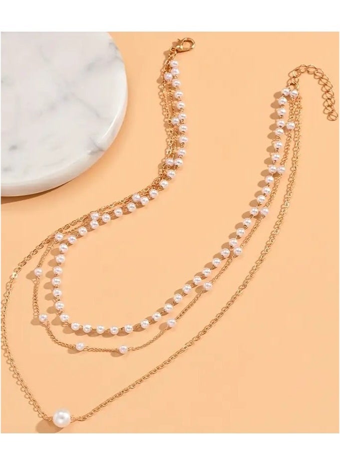 1pc 3-layer Pearl Chain Necklace New Women's High-end Versatile Neck Chain Clavicle Chain Pendant Chain Adult Daily Wear Ornament  - Image 4