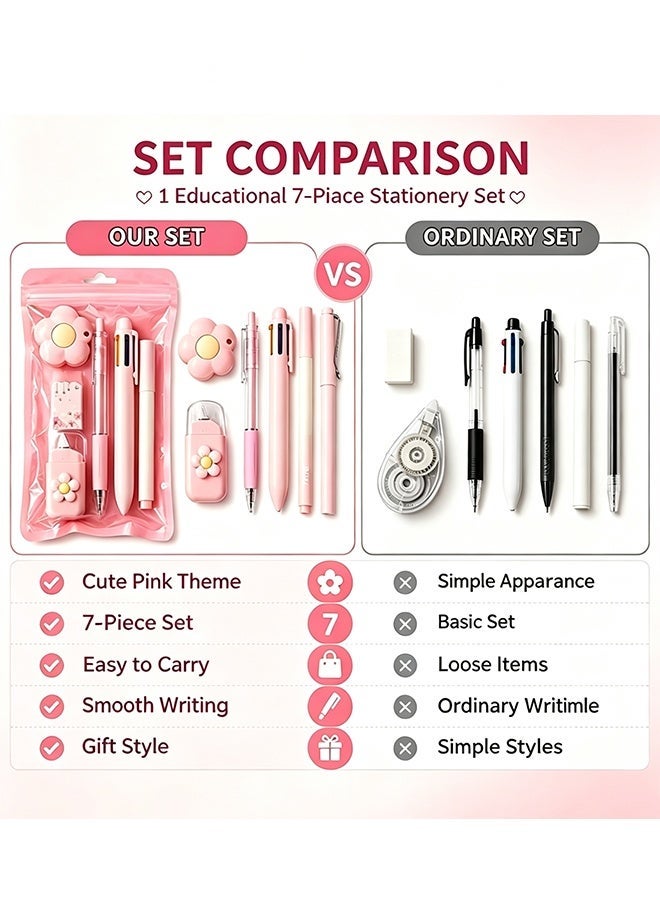 Wffo 7Pcs Pink Cute Stationery Set - Aesthetic Office & School Writing Supplies with Gel Pen, Highlighter, Ballpoint Pen, Mechanical Pencil, Correction Tape - Image 4