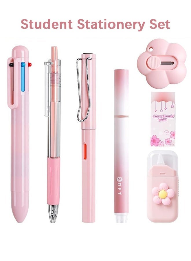 Wffo 7Pcs Pink Cute Stationery Set - Aesthetic Office & School Writing Supplies with Gel Pen, Highlighter, Ballpoint Pen, Mechanical Pencil, Correction Tape - Image 1